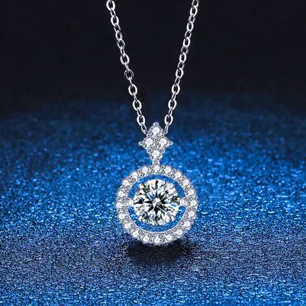 925 Sterling Silver 1ct Dancing Moissanite Halo Pendant Necklace
